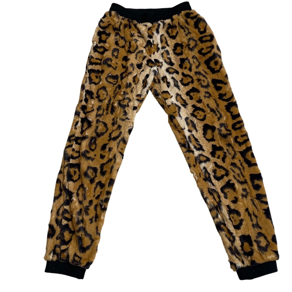 Spirithoods Women Leopard Print Faux Fur Jogger Pants Brown Black Medium cozy